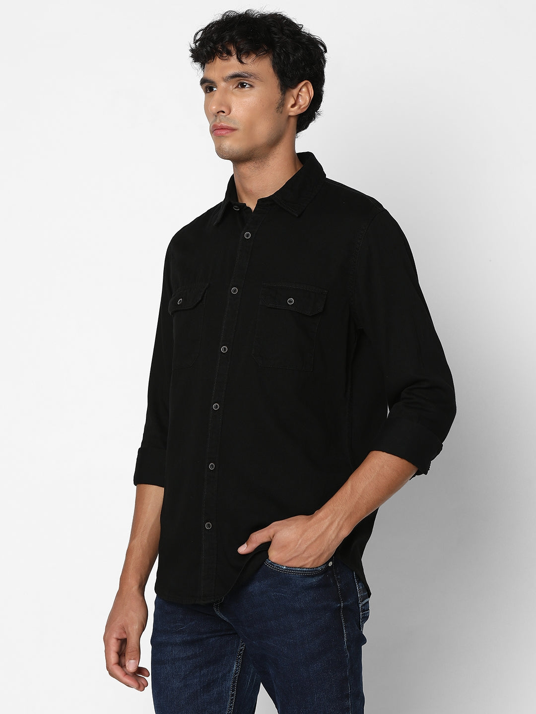 Spykar Men Black Cotton Slim Fit Denim Shirt