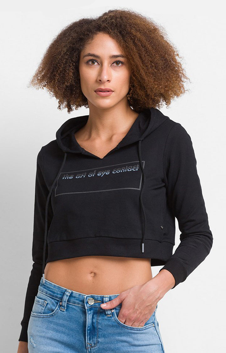 Spykar Black Cotton Blend Full Sleeve Hooded Sweatshirts For Women