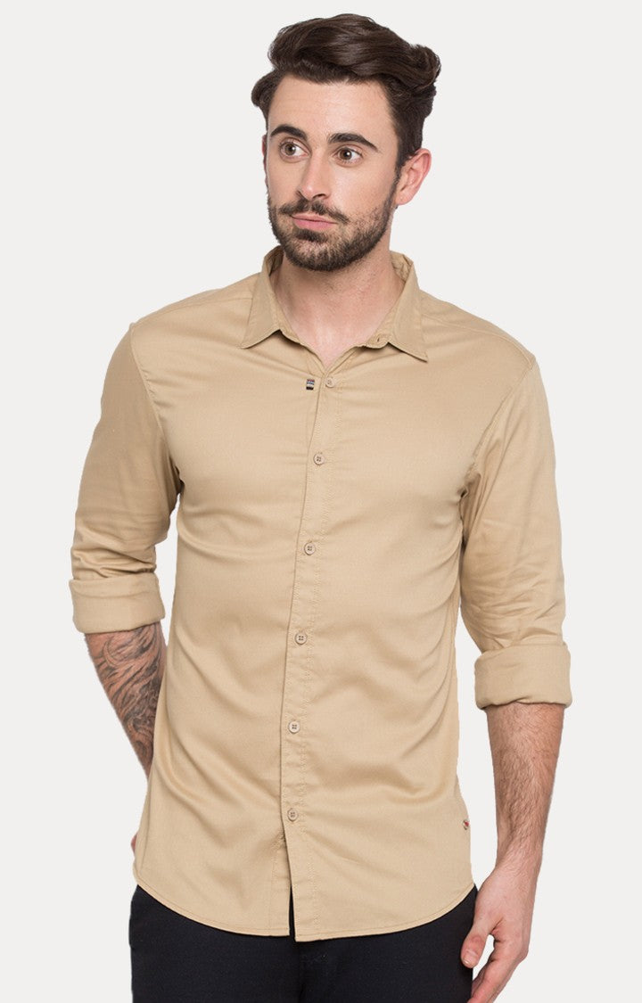 Spykar Men'S Beige Cotton Solid Casual Shirts