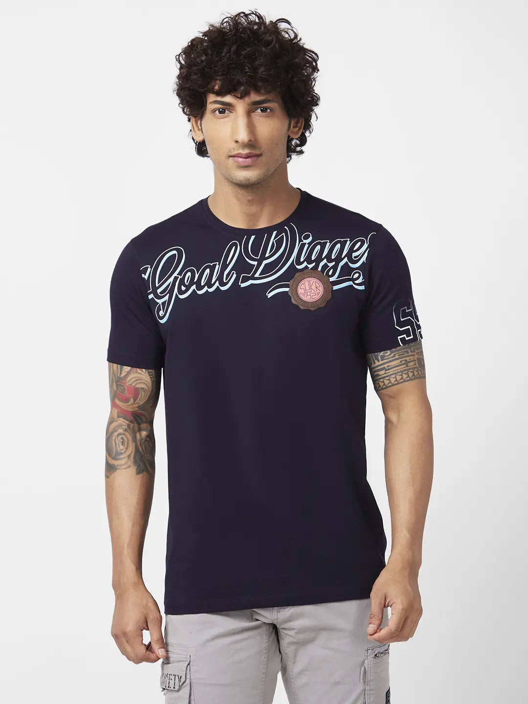 Spykar Men Navy Blue Blended Slim Fit Half Sleeve Round Neck Printed Tshirt