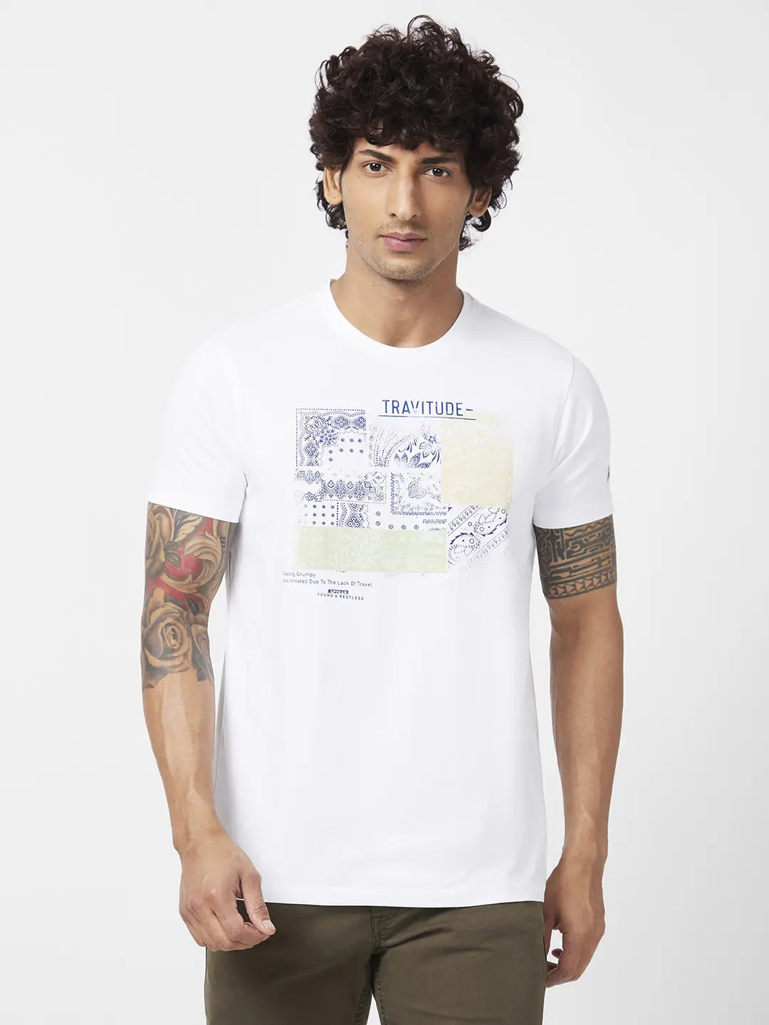 Spykar Men White Blended Slim Fit Half Sleeve Round Neck Printed Tshirt