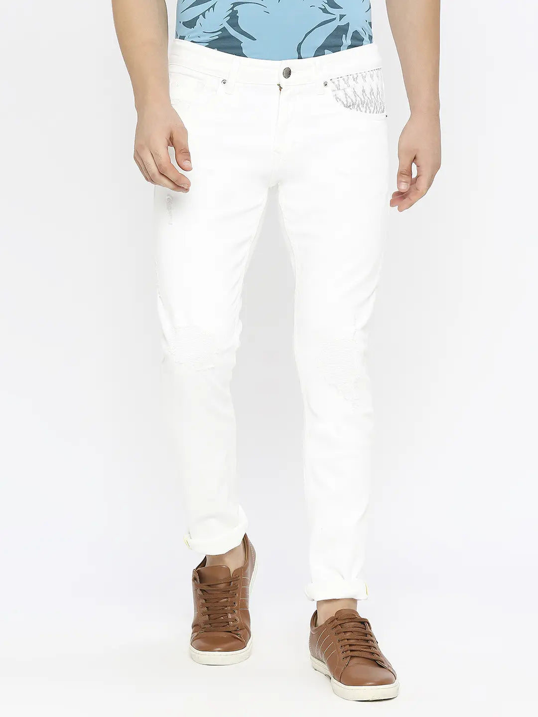 Spykar Men White Cotton Slim Fit Narrow Length Mildly Distressed Low Rise Jeans-(Skinny)