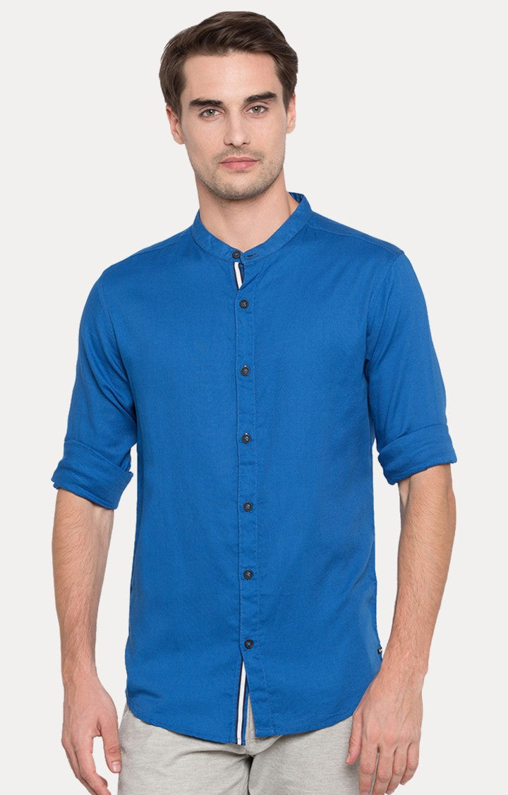 Spykar Men'S Blue Cotton Solid Casual Shirts