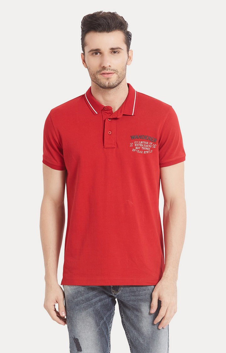 Spykar Red Solid Slim Fit Polo T-Shirt