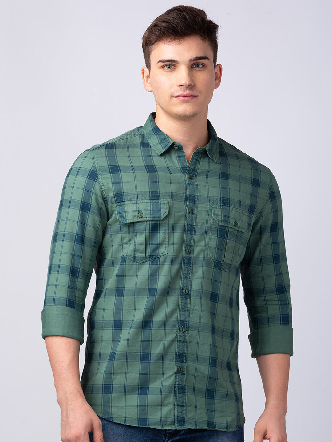 Spykar Men Sage Green Cotton Slim Fit Checkered Shirt