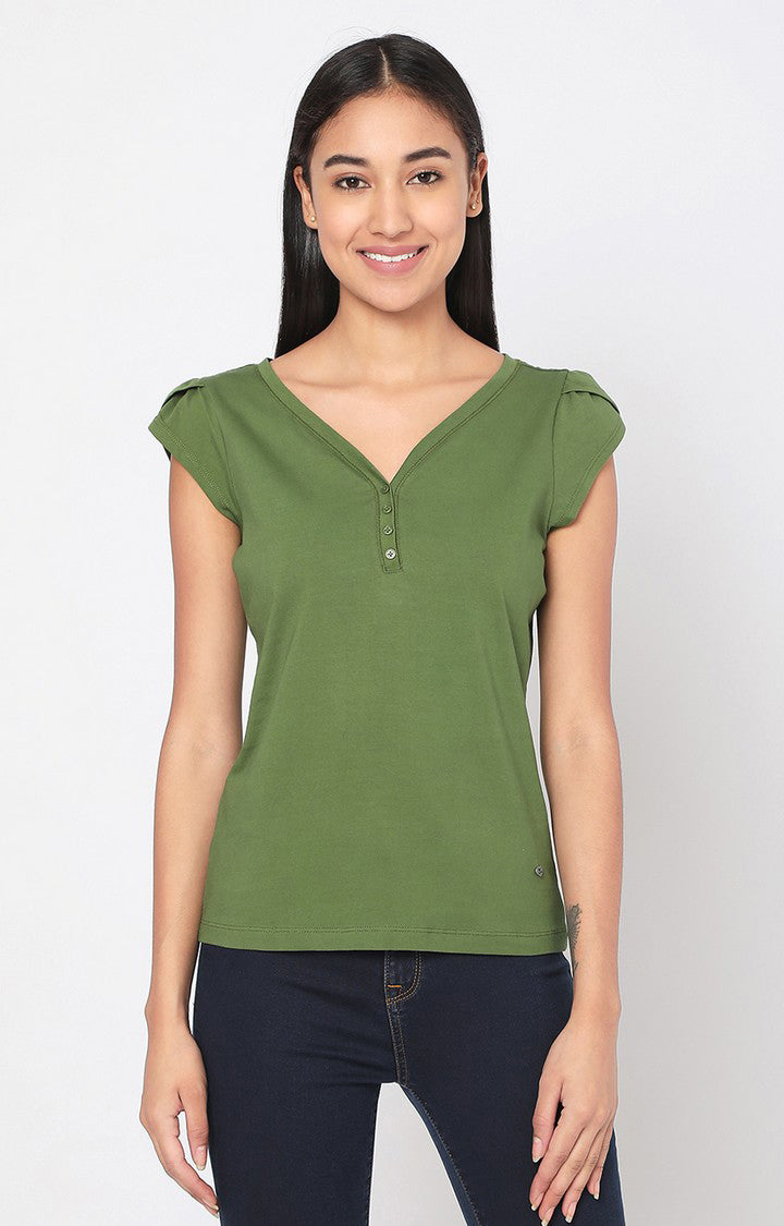 Spykar Women Green Cotton Regular Round Neck T-Shirts