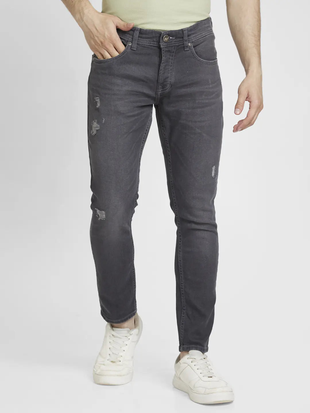 Spykar Men Grey Cotton Slim Fit Tapered Length Clean Look Mid Rise Jeans - (Kano)