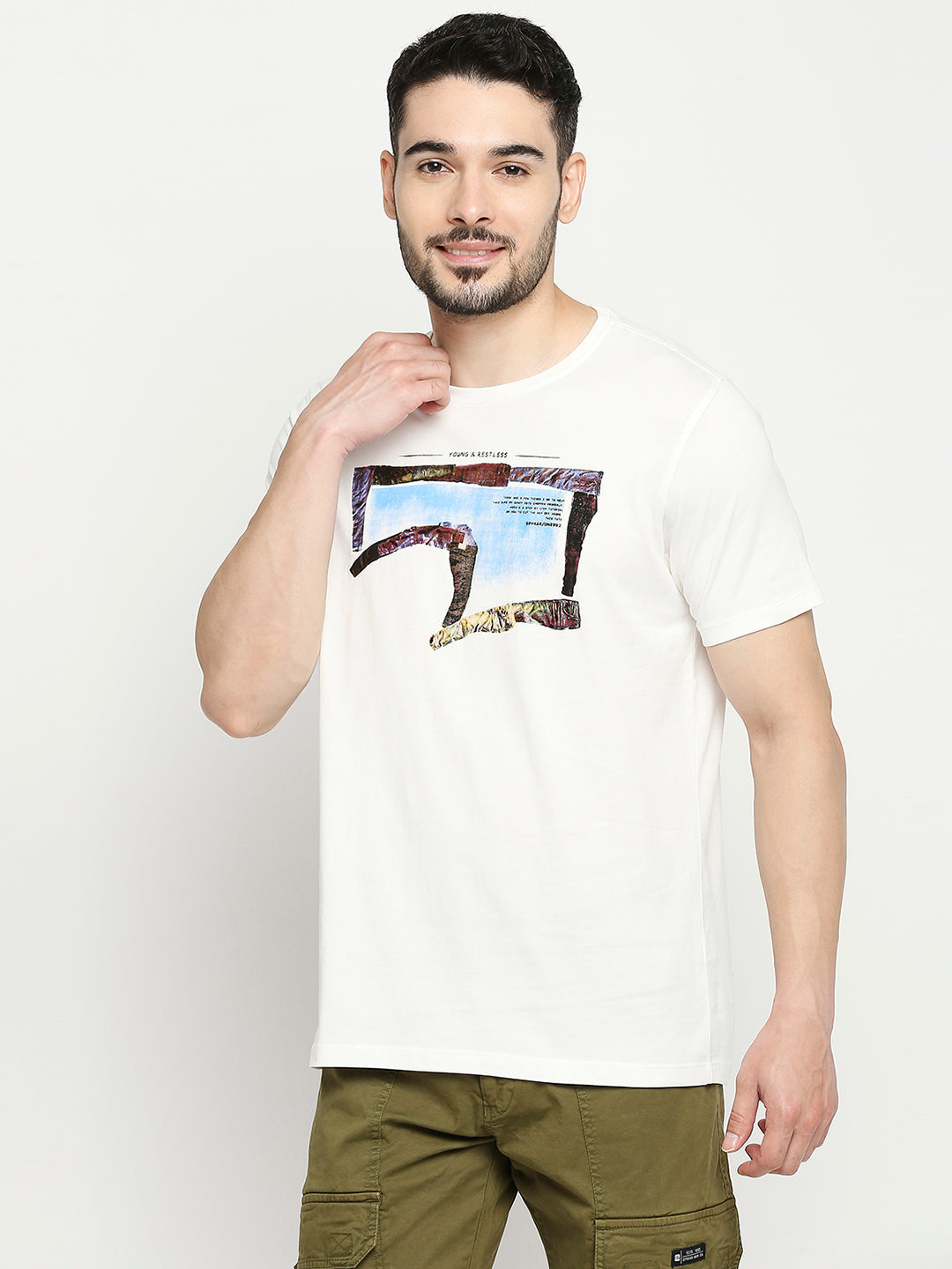 Spykar Off White Cotton Half Sleeve Printed Casual T-Shirt For Men