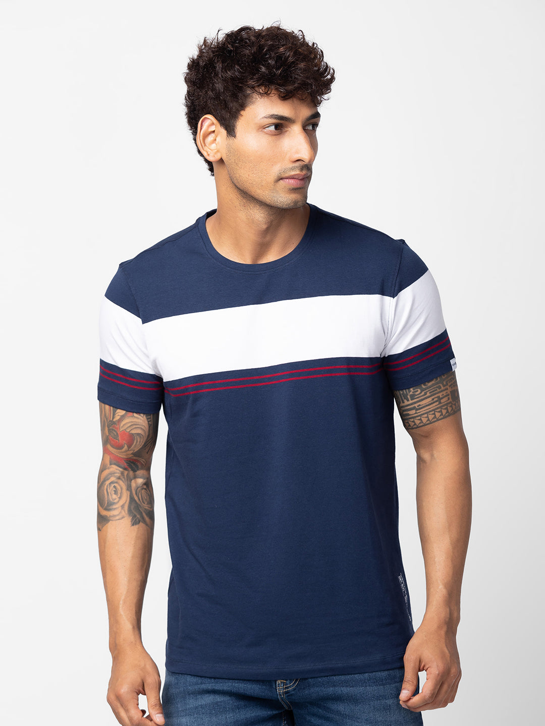 Spykar Men Navy Blue Cotton Regular Fit Half Sleeve Printed T-Shirt