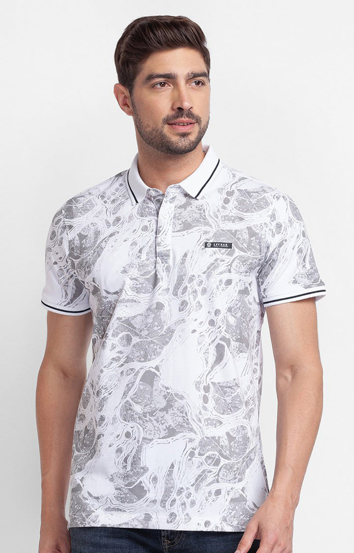 Spykar White Cotton Half Sleeve Printed Casual Polo T-Shirt For Men