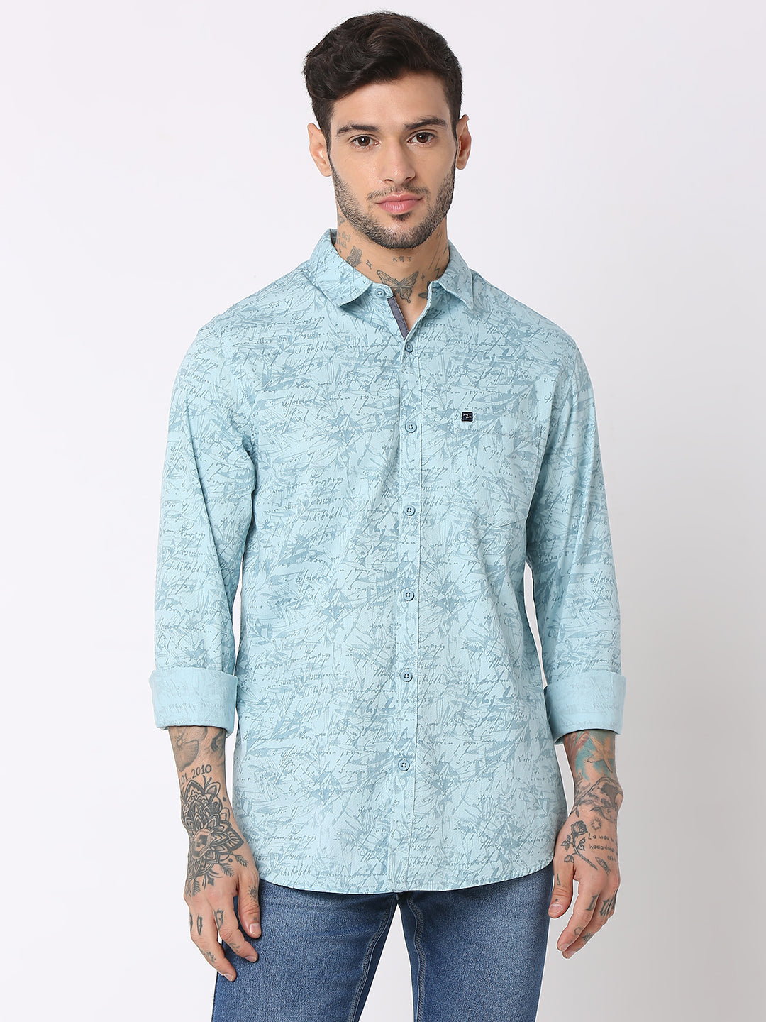 Spykar Men Aqua Cotton Slim Fit Printed Shirts