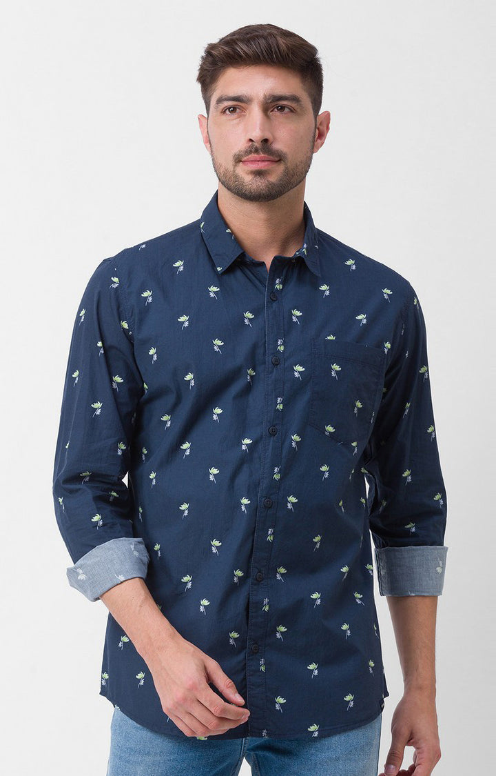 Spykar Navy Blue Cotton Full Sleeve Printed Shirt For Men