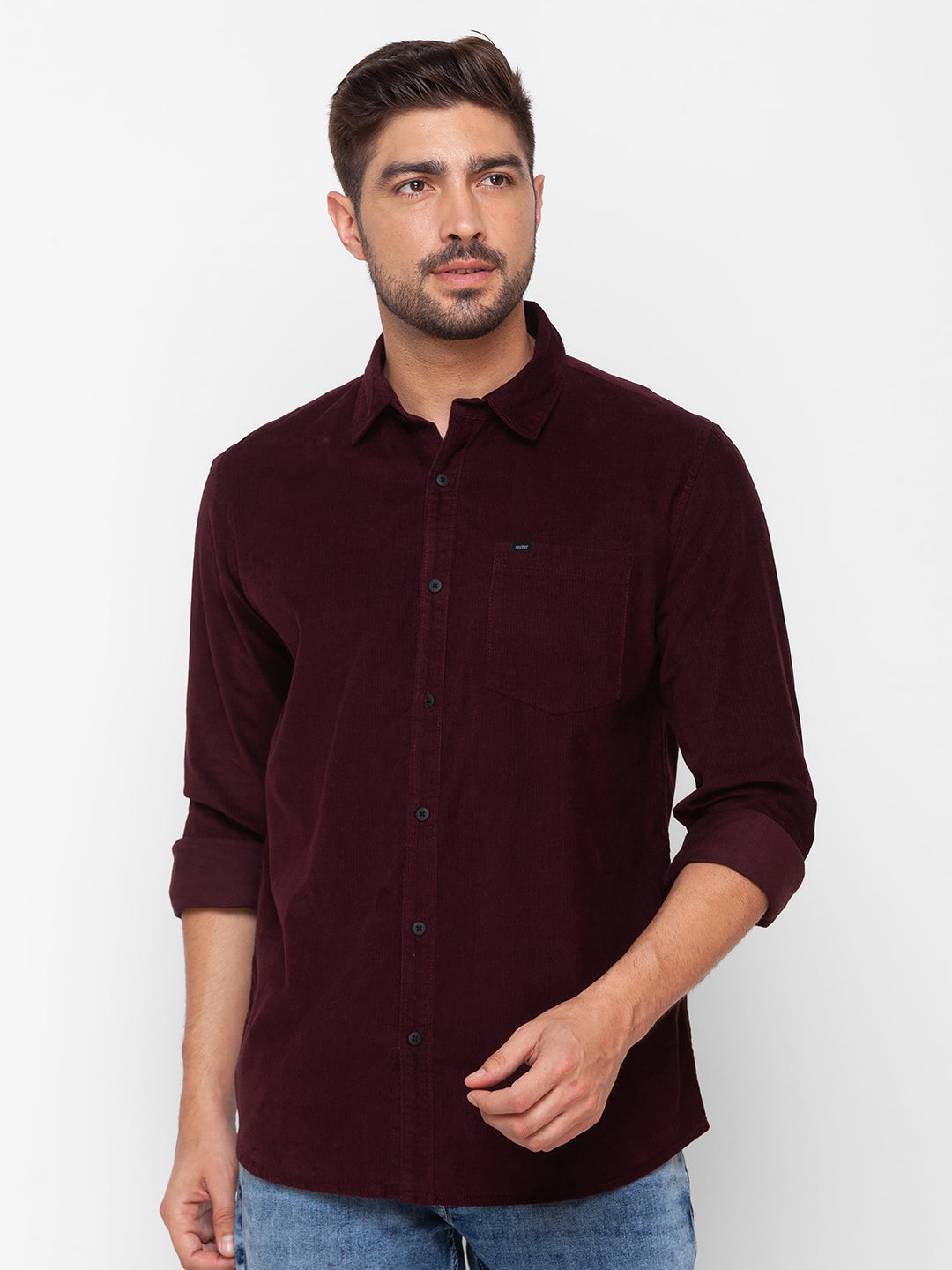 Spykar Wine Red Cotton Full Sleeve Plain Shirt For Men