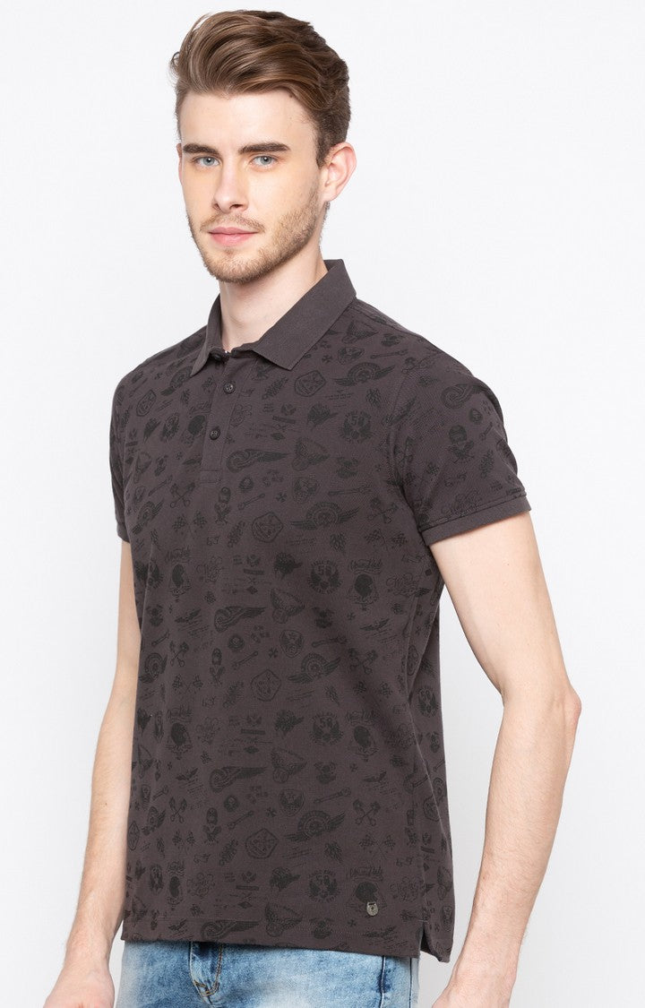 Spykar Dark Grey Printed Slim Fit Polo T-Shirt