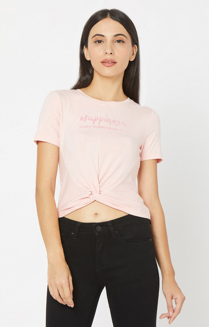 Spykar Women Pink Cotton Slim Fit Round Neck Crop T-Shirts