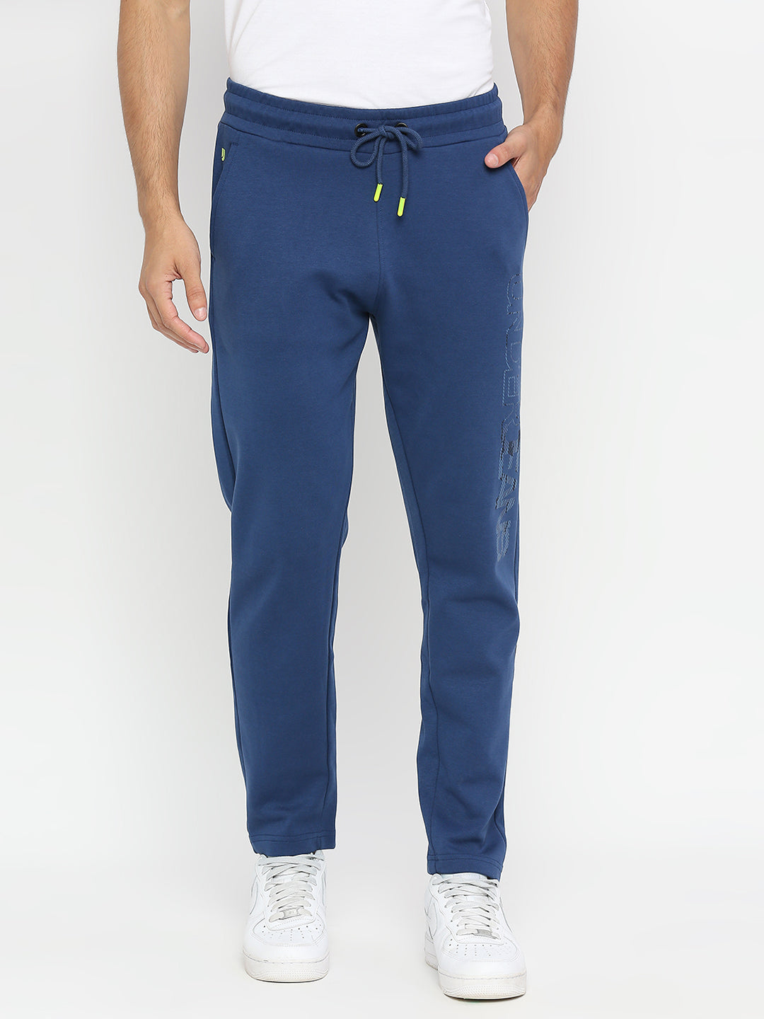 Men Premium Knitted Indigo Blue Cotton Straight Fit Trackpant- Underjeans By Spykar