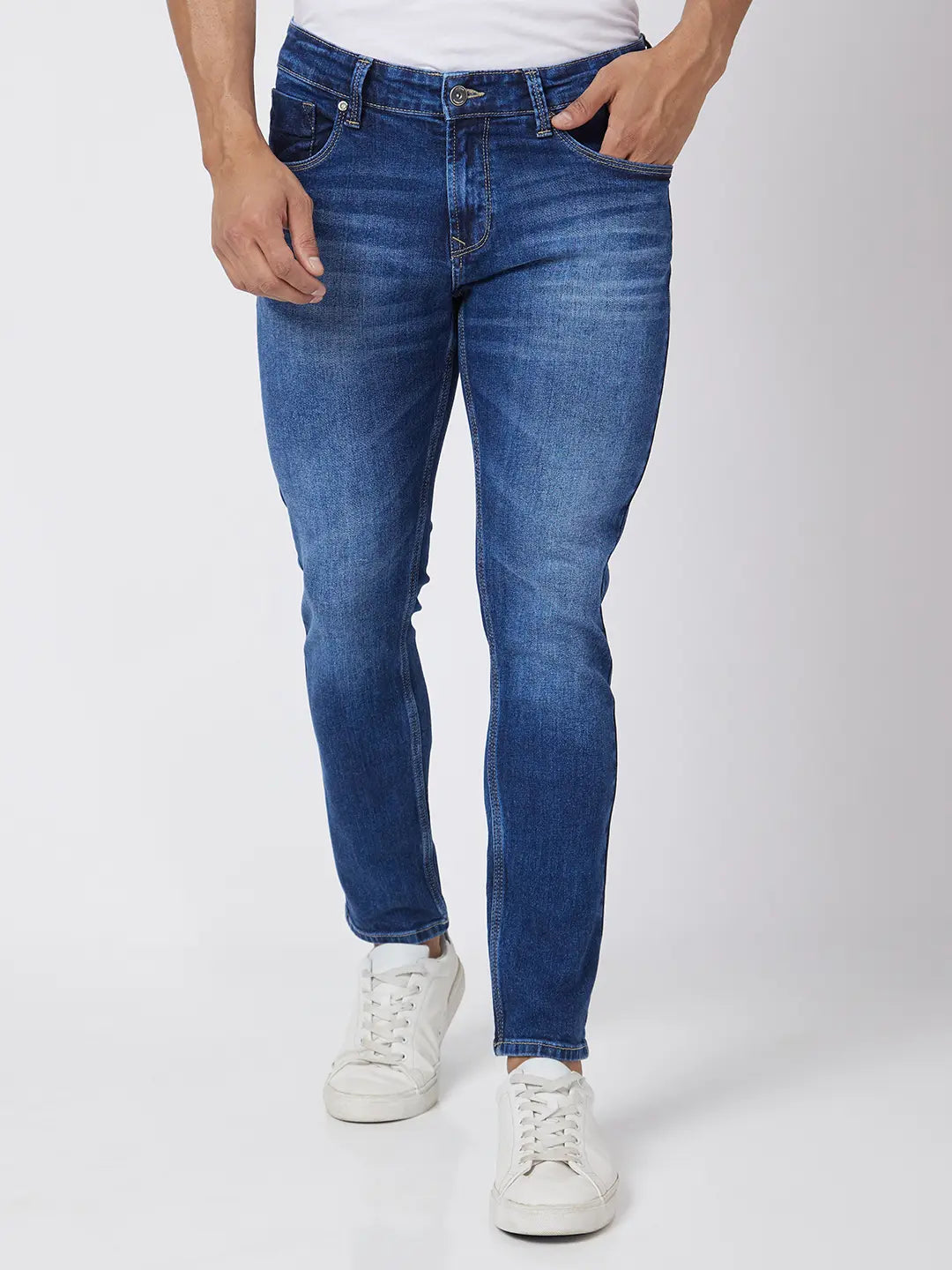 Spykar Men Mid Blue Cotton Stretch Slim Fit Tapered Length Clean Look Mid Rise Jeans (Kano)