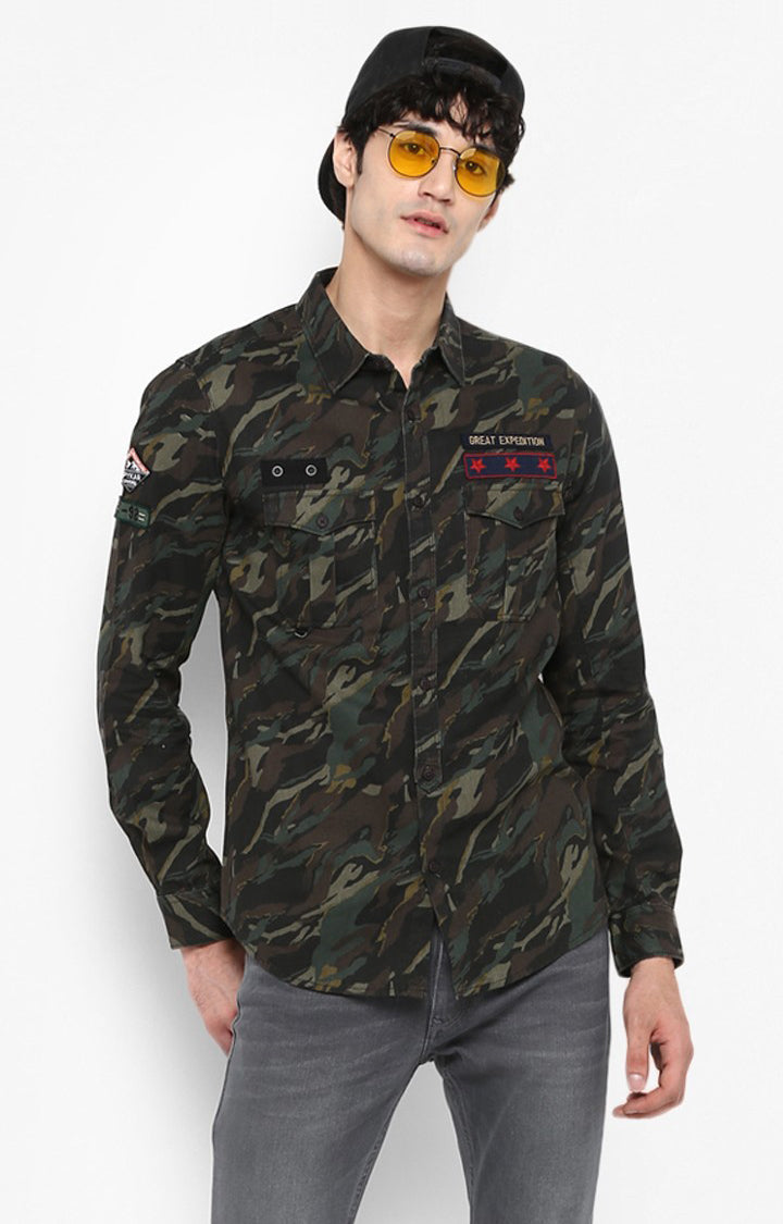 Spykar Men'S Green Cotton Camouflage Casual Shirts