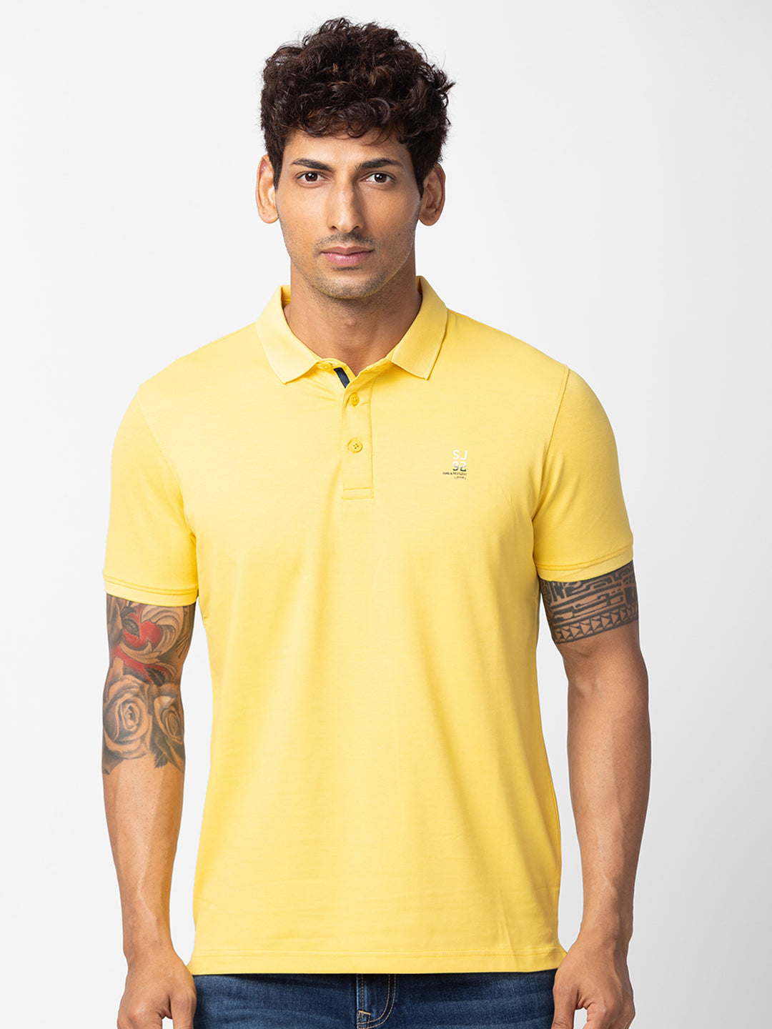 Spykar Men Yellow Cotton Regular Fit Half Sleeve Plain Polo T-Shirt