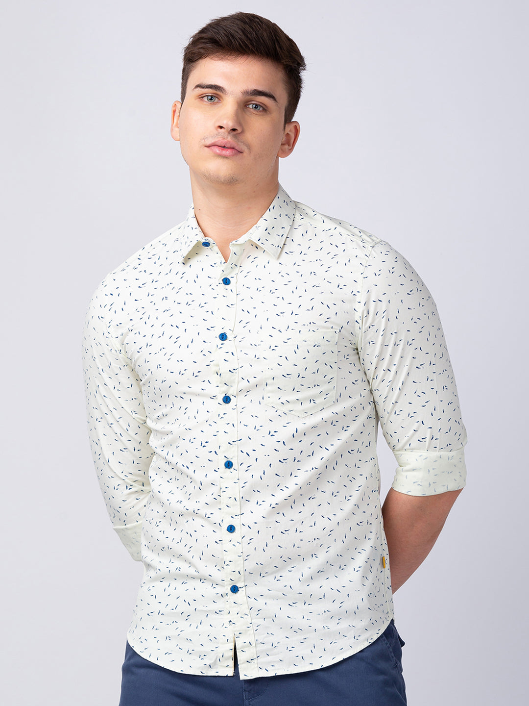 Spykar Men White Cotton Slim Fit Printed Shirt