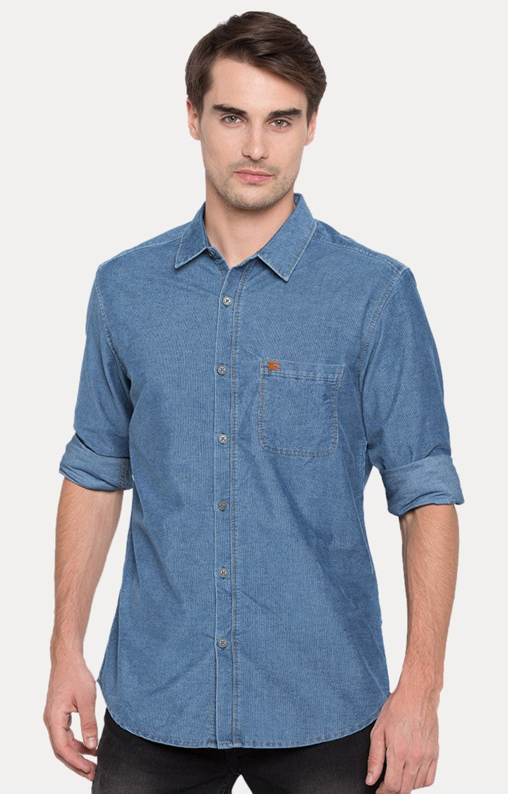 Spykar Men'S Blue Cotton Solid Casual Shirts