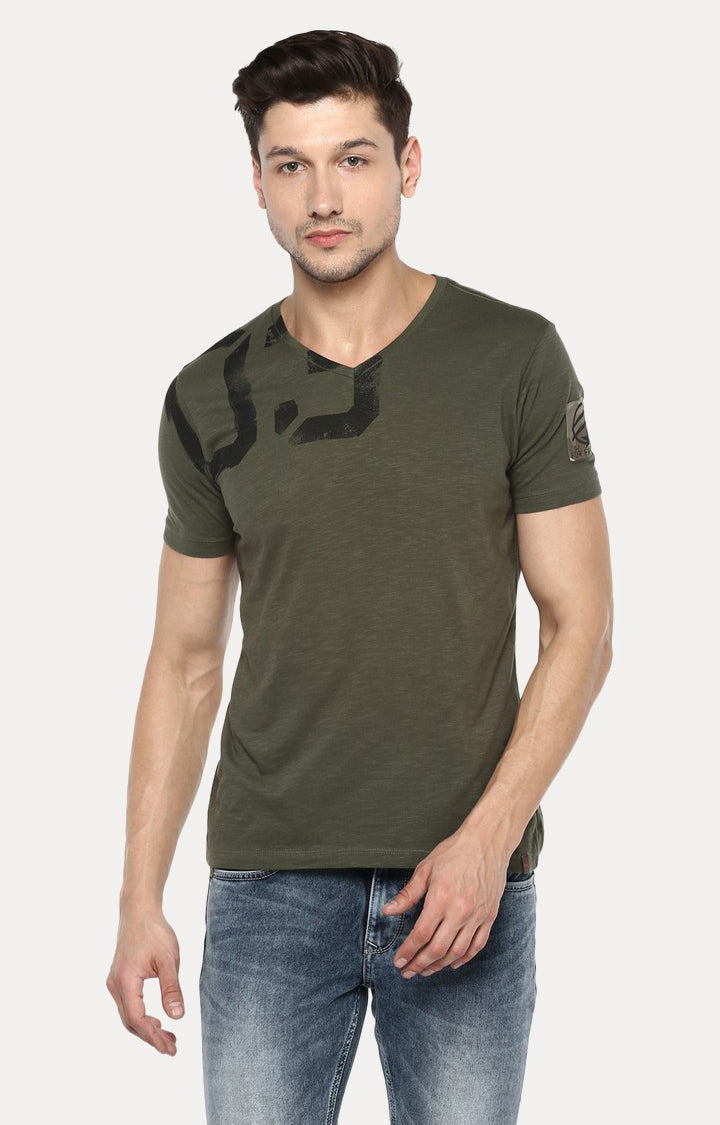 Spykar Green Melange Slim Fit Men T-Shirts