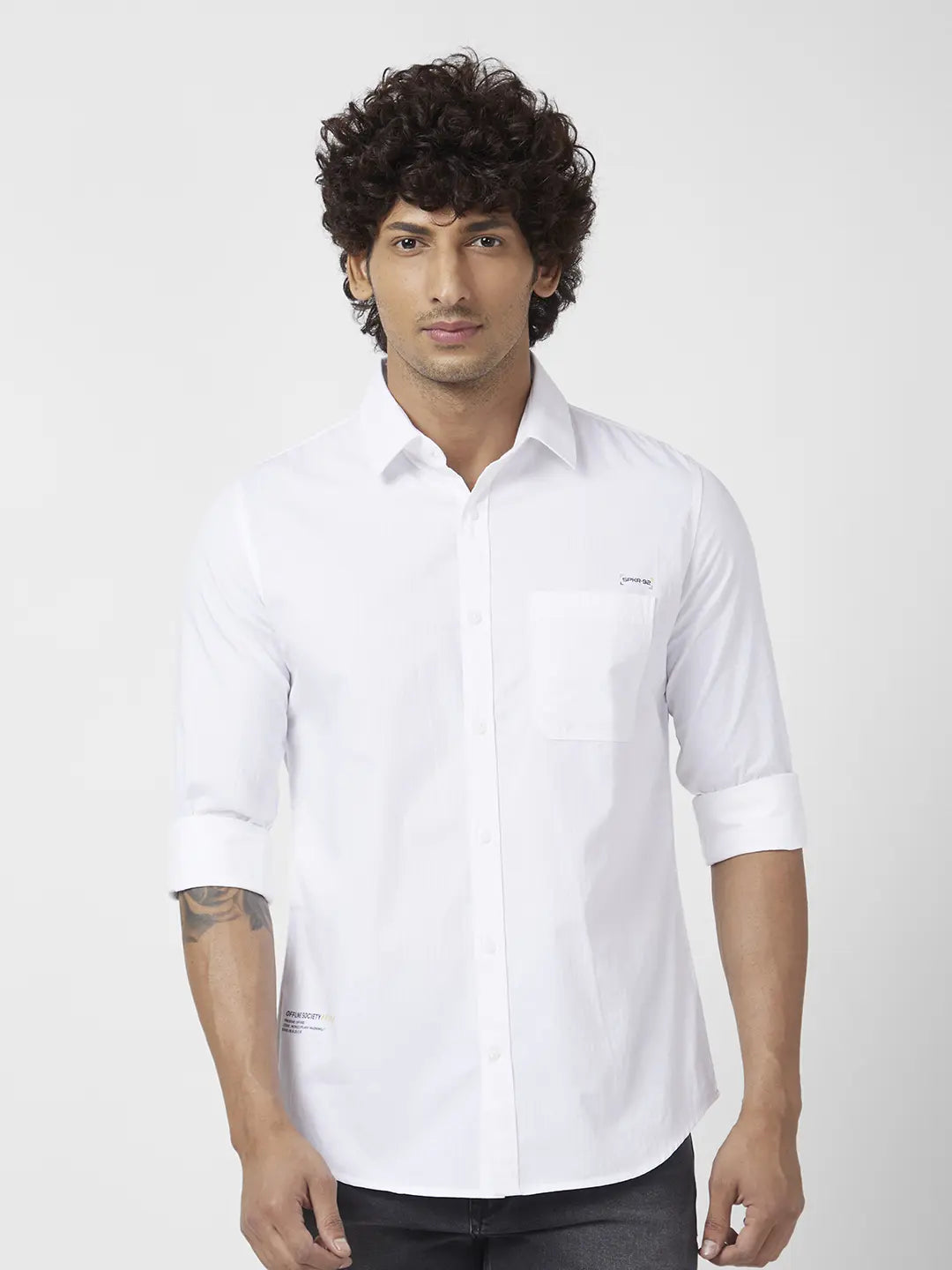 Spykar Men White Dyed Regular Slim Fit Full Sleeve Plain Shirt