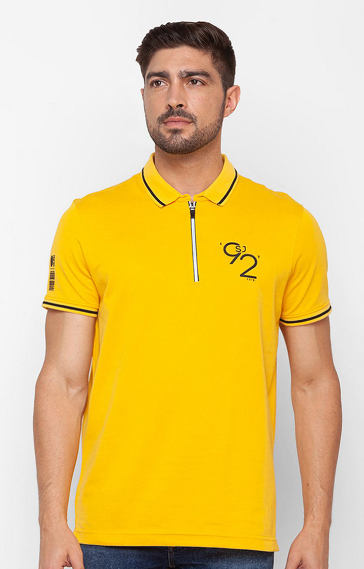 Spykar Yellow Cotton Half Sleeve Plain Casual Polo T-Shirt For Men