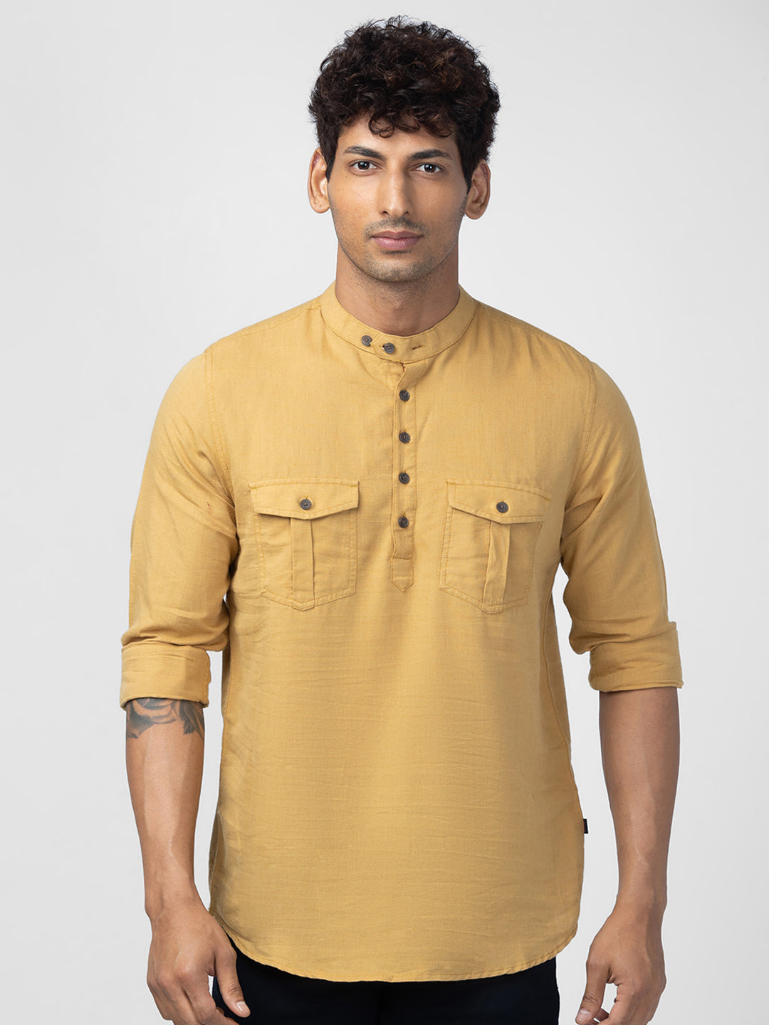 Spykar Men Camel Khaki Linen Regular Slim Fit Plain Shirt