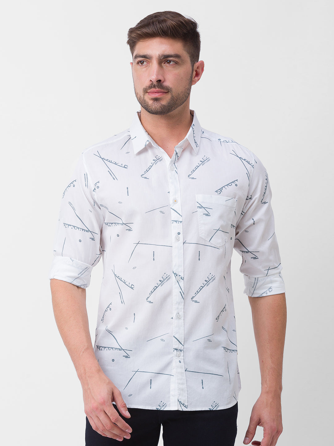 Spykar White Cotton Full Sleeve Printed Shirt For Men