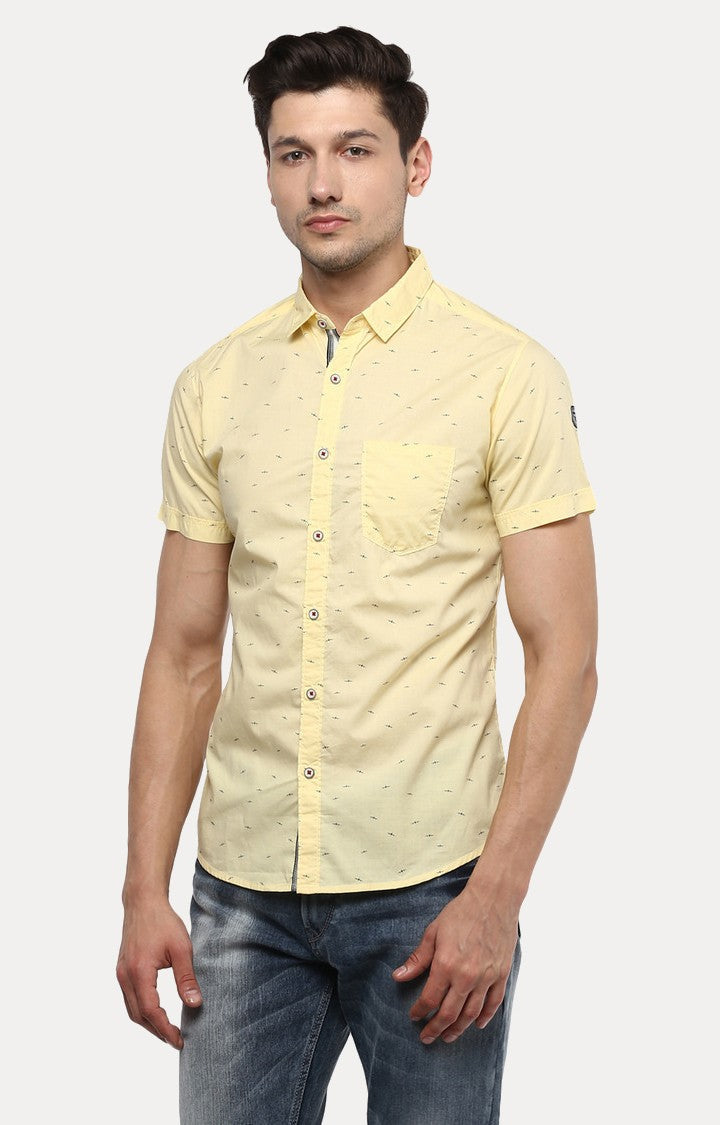 Spykar Men'S Yellow Cotton Printed Casual Shirts