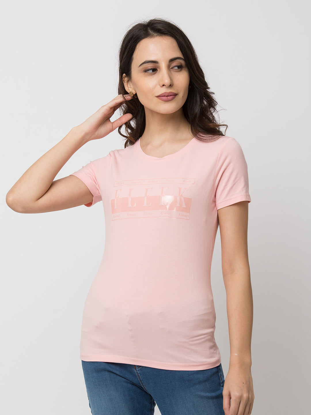 Spykar Women Pink Cotton Slim Fit Round Neck T-Shirt