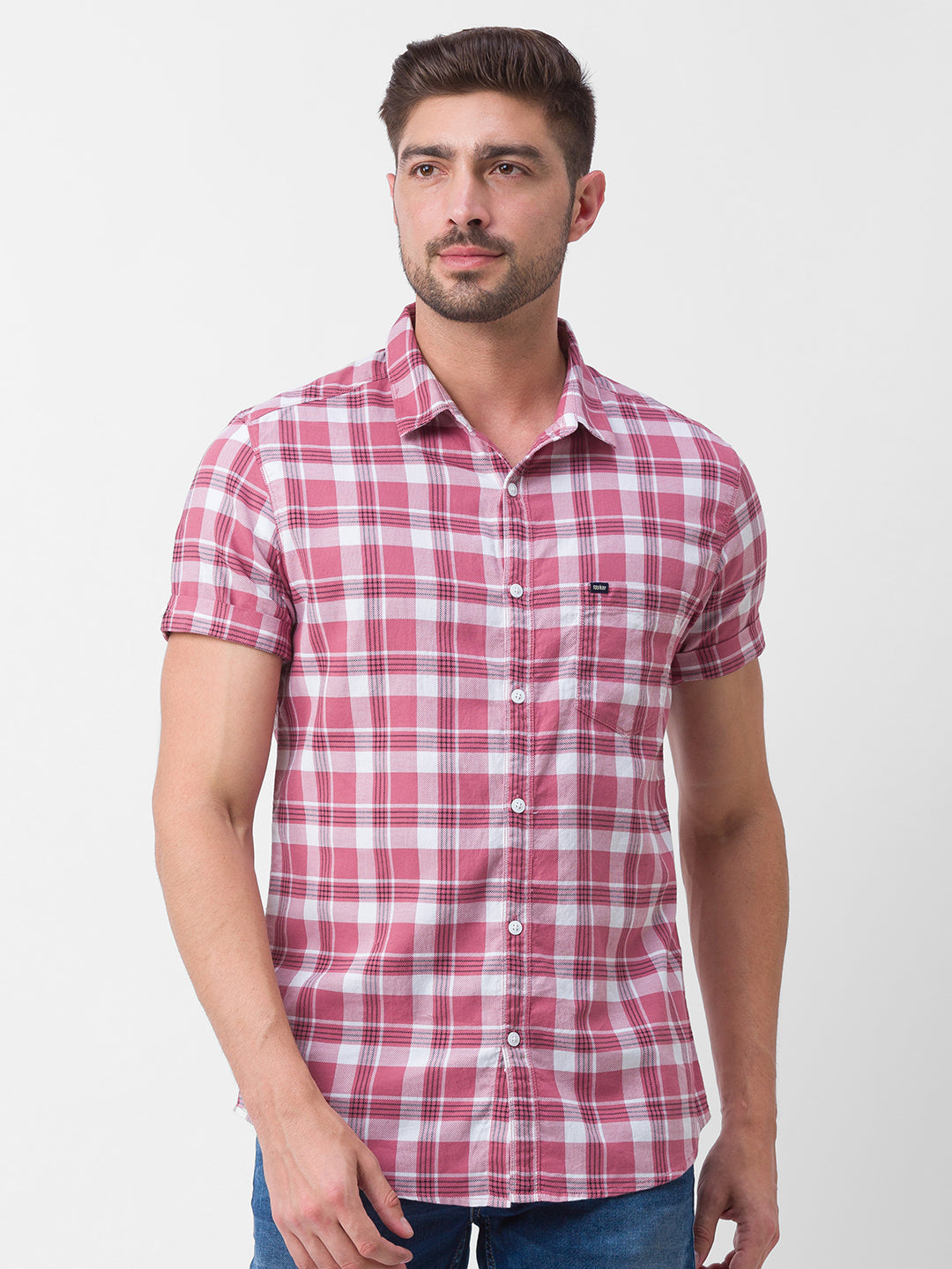 Spykar Mauve Pink Cotton Half Sleeve Checks Shirt For Men