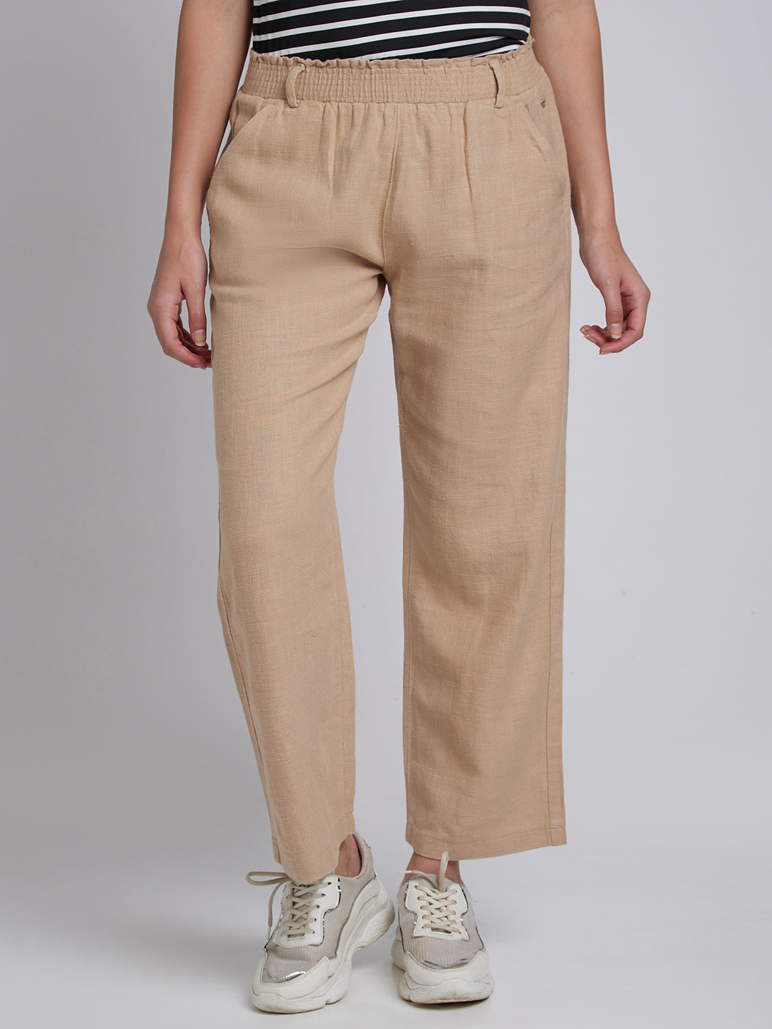 Spykar Women Beige Regular Fit Ankle Length Linen Trousers