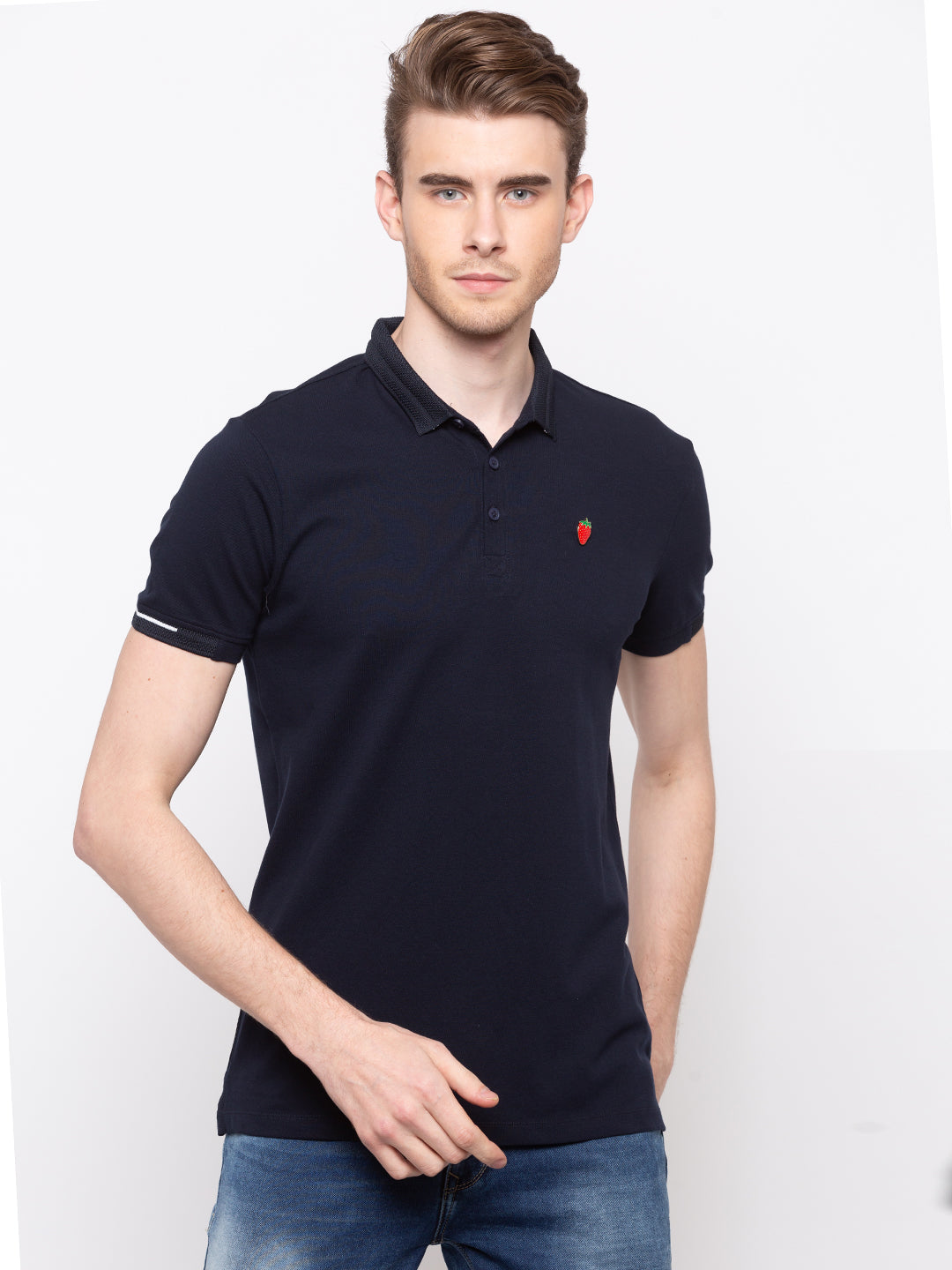 Spykar Men Blue Cotton Slim Fit Polo T-Shirt