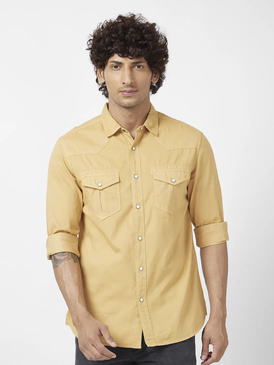 Shop Spykar Men Khaki Twill Slim Fit Full Sleeve Denim Shirt Online