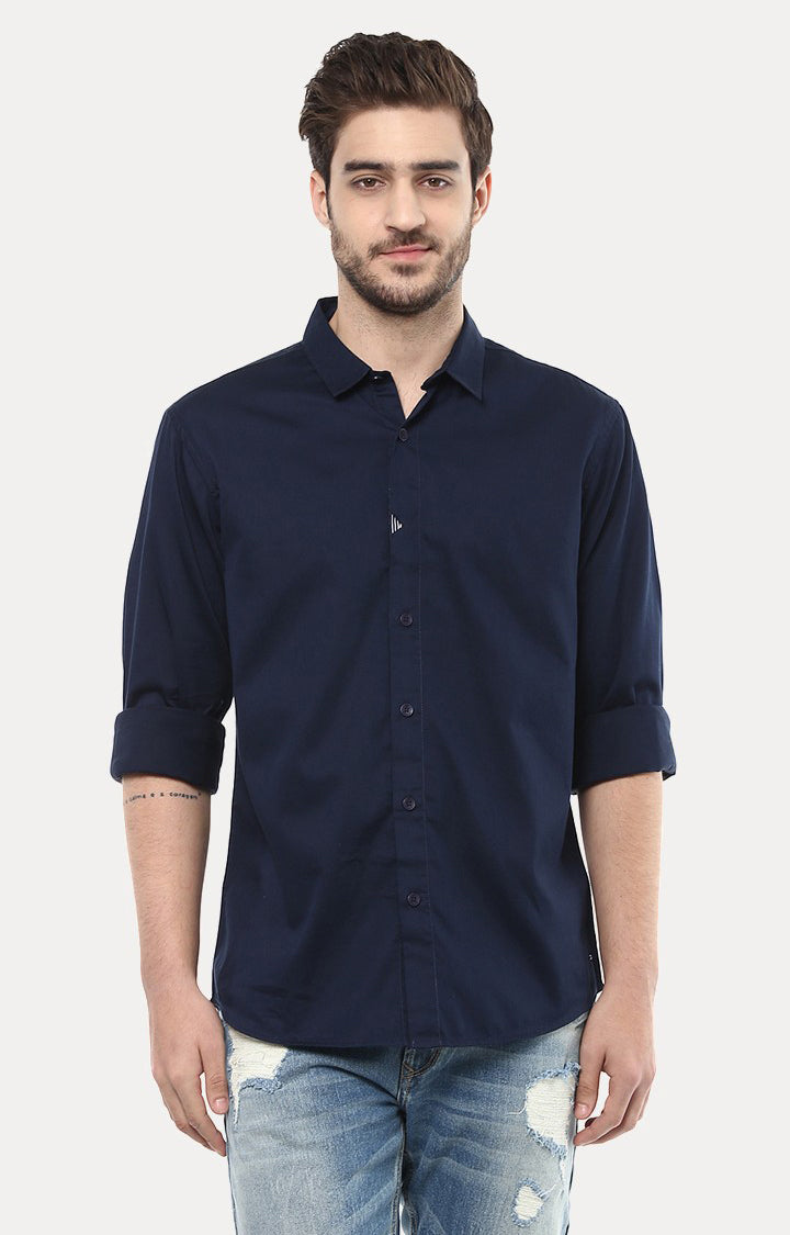 Spykar Men'S Blue Cotton Solid Casual Shirts