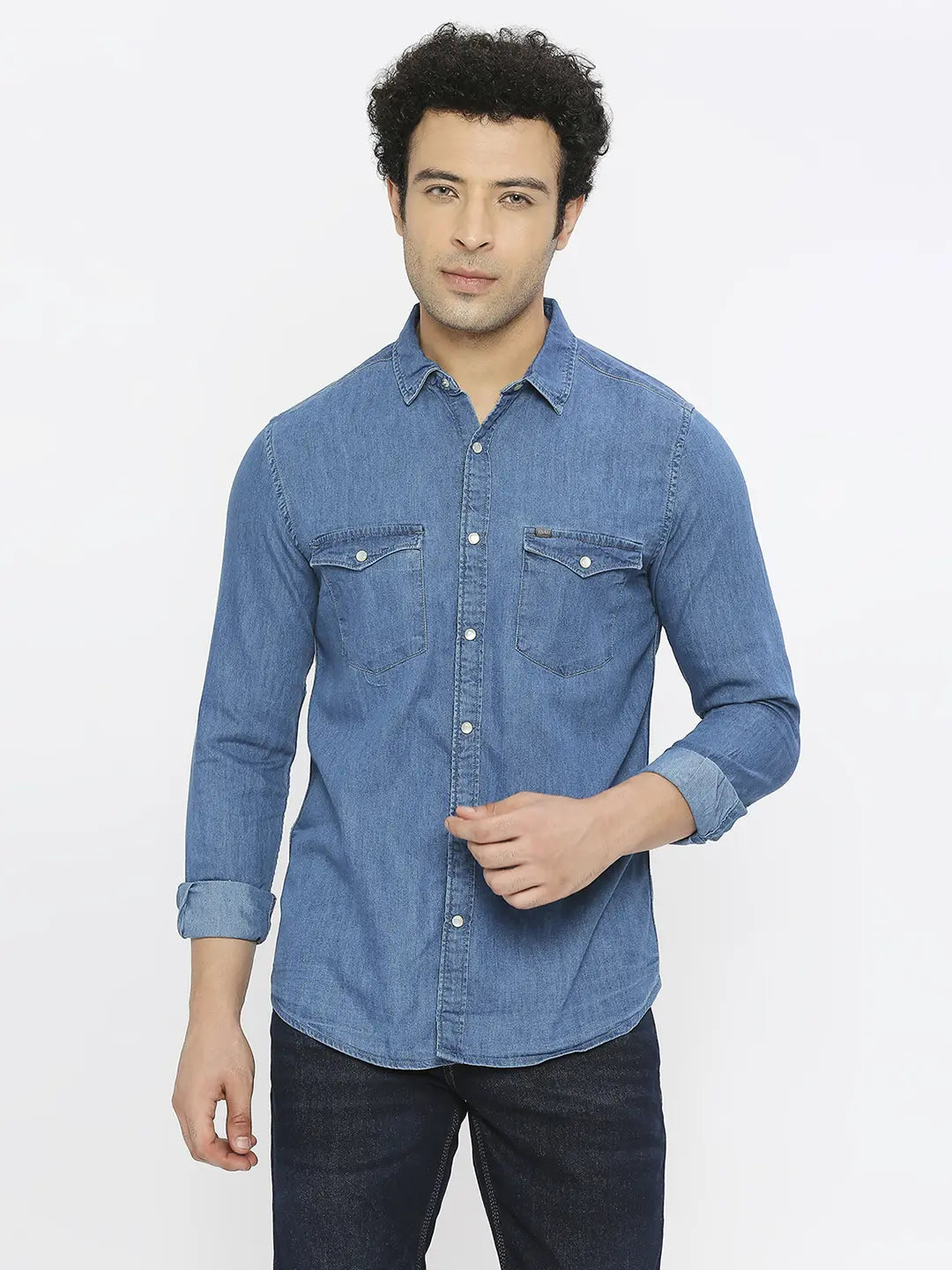 Spykar Men Light Blue Cotton Slim Fit Full Sleeve Denim Shirt