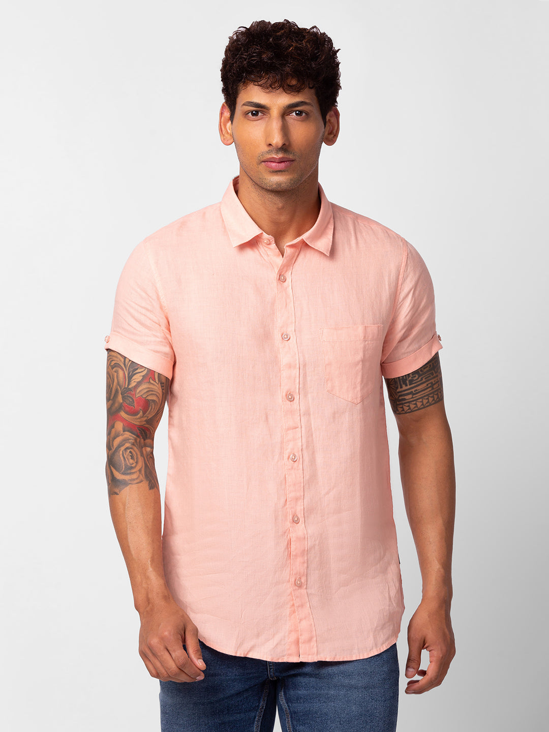 Spykar Men Peach Cotton Slim Fit Plain Shirt