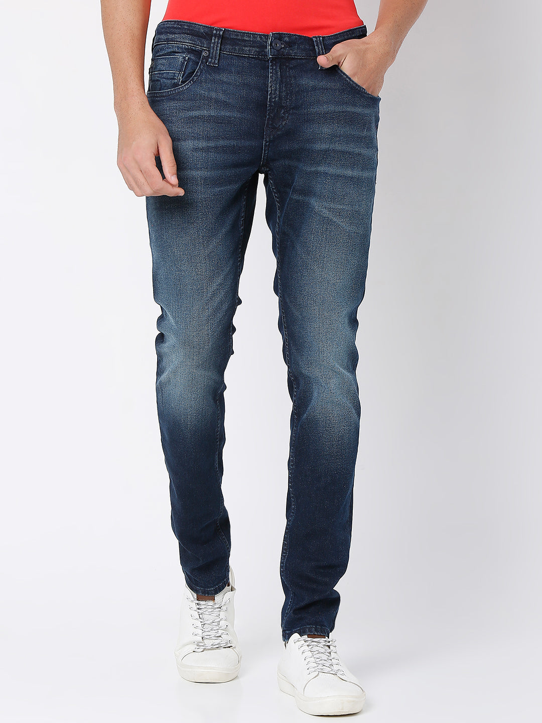 Spykar Dark Blue Cotton Slim Fit Narrow Length Jeans For Men (Skinny)