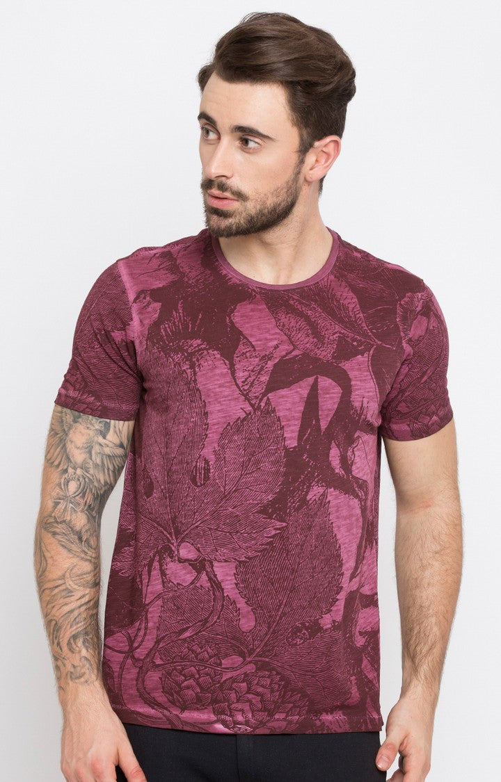 Spykar Wine Printed Slim Fit Men T-Shirts