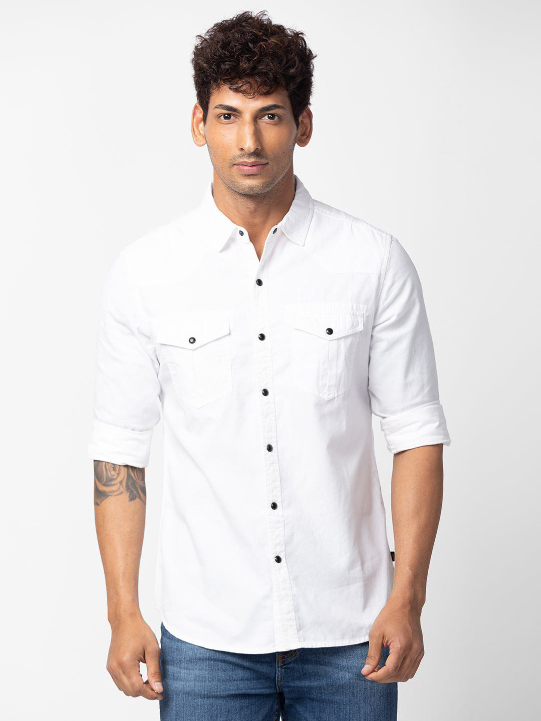 Spykar Men White Cotton Slim Fit Plain Shirt