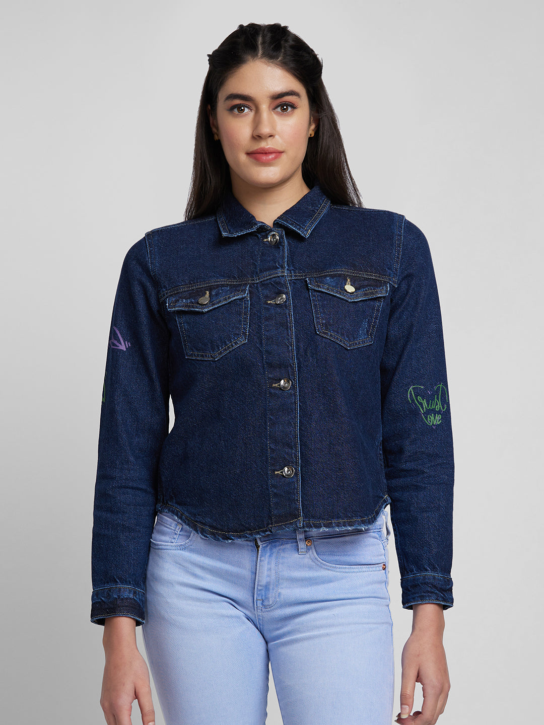 Spykar Women Dark Blue Cotton Regular Fit Denim Jacket