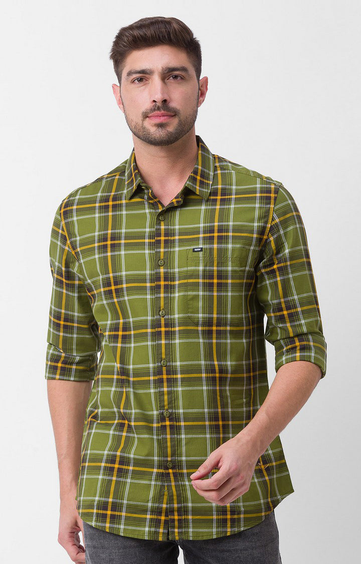 Spykar Olive Green Cotton Full Sleeve Checks Shirt For Men