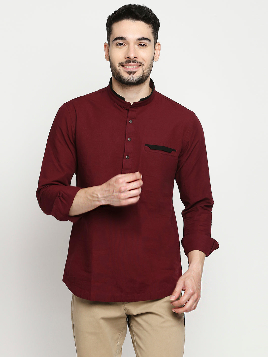 Spykar Wine Cotton Full Sleeve Plain Kurta For Men