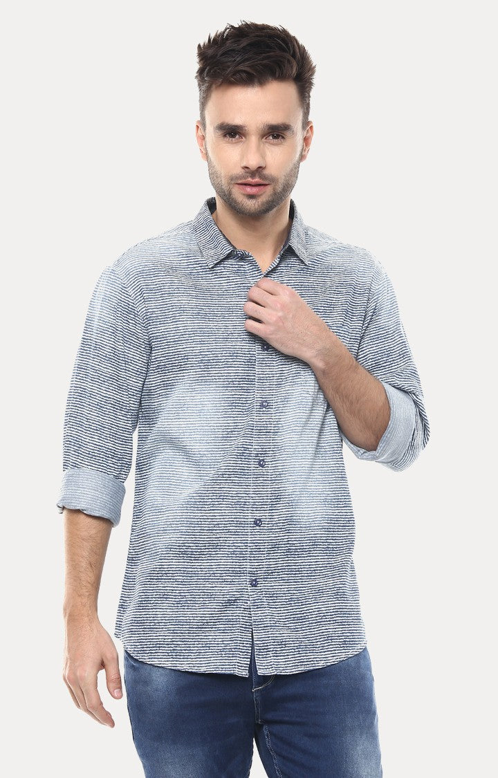 Spykar Men'S Blue Cotton Striped Casual Shirts