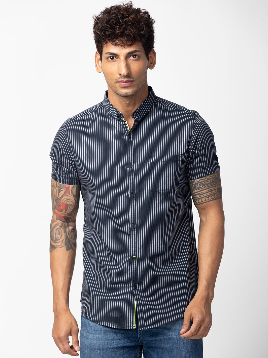 Spykar Men Navy Blue Cotton Slim Fit Striped Shirt