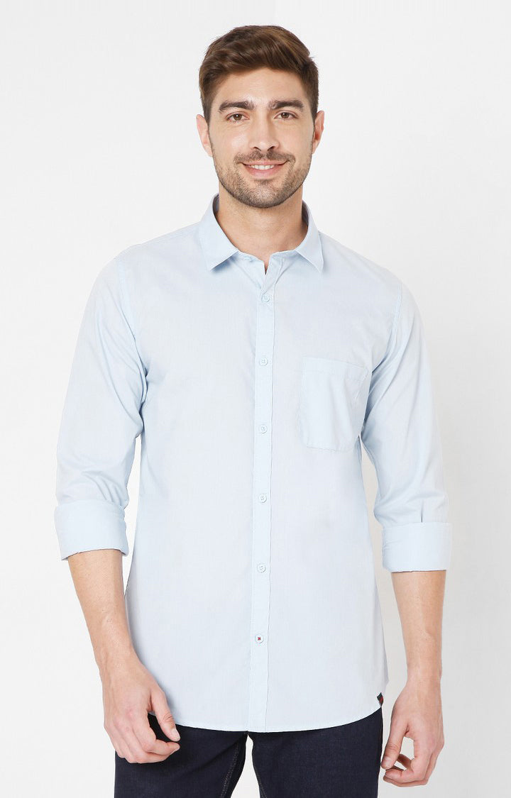 Spykar Blue Cotton Slim Fit Shirts For Men