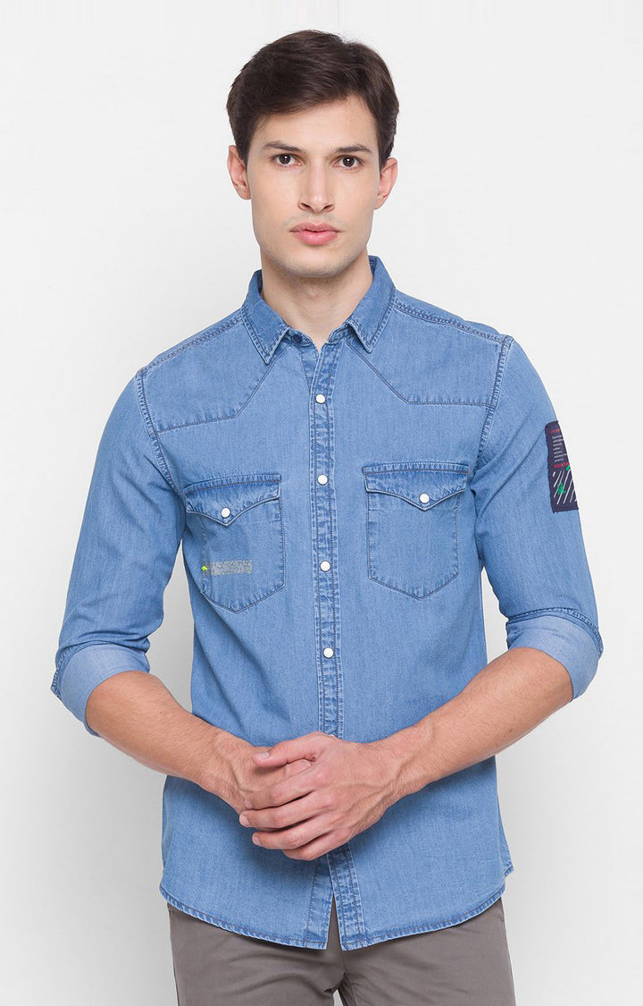 Spykar Men Light Blue Cotton Slim Fit Full Sleeve Denim Shirt