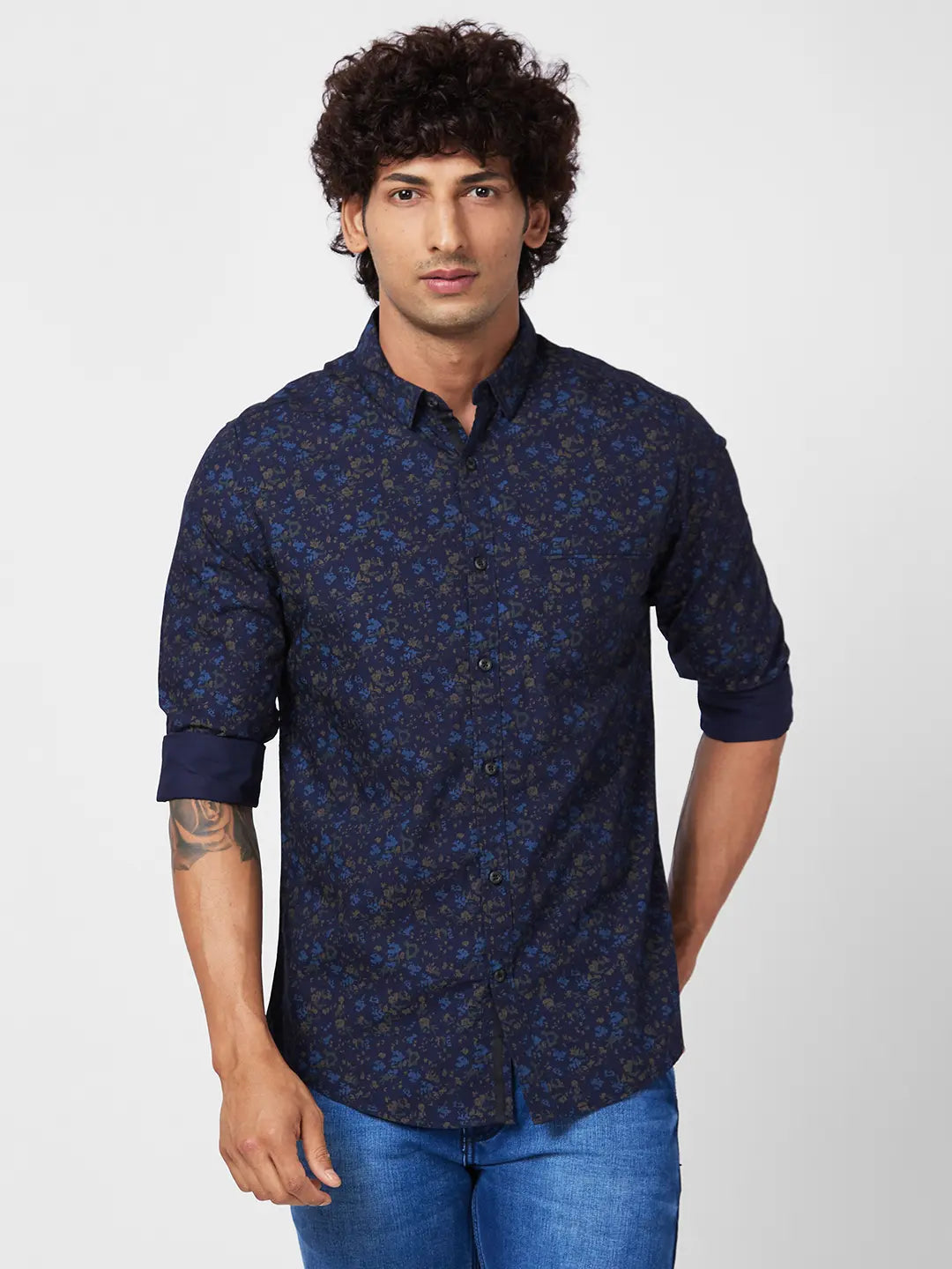 Spykar Men Navy Blue Poplin Slim Fit Full Sleeve Causal Printed Shirt